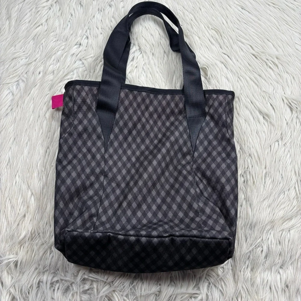 Nike Plaid Gingham Zip Top Tote Bag Gym Lunch Work Black Gray Pink - Picture 4 of 7